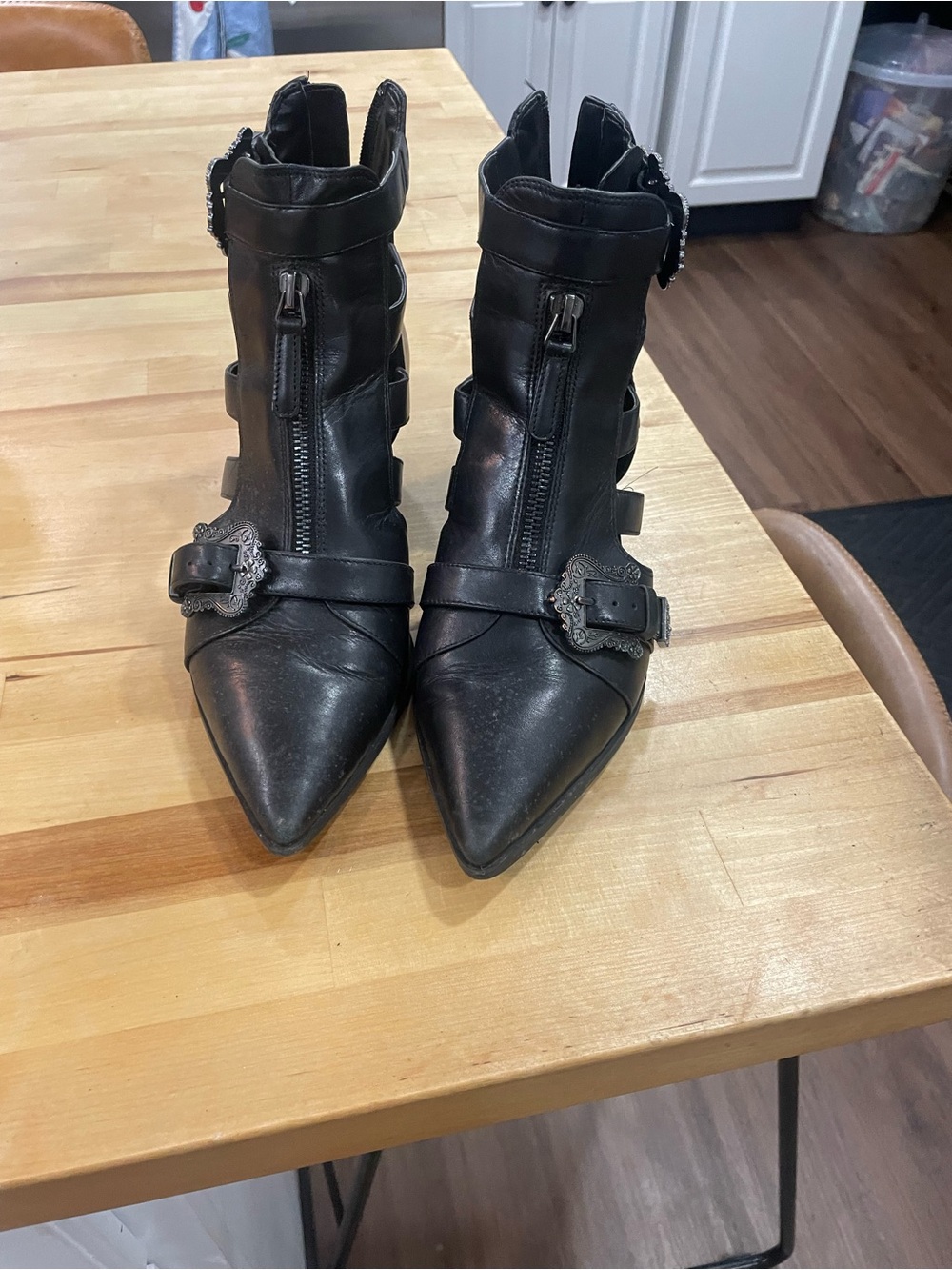 Nine West Black Pointed Leather Ankle Boots with Buckle Detail